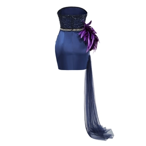 Détail de la robe à paillettes avec plumes violettes et longue traîne en mesh bleu