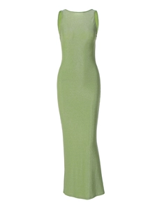 Elegant green backless slim fit maxi dress with subtle shimmer and high side slit