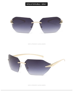 Close-up of frameless geometric sunglasses with gold temples and grey gradient lenses