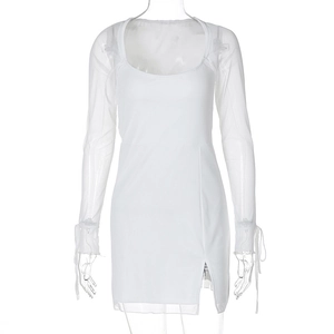 Detail of white mesh double-layer mini dress with long sleeves and side slit design