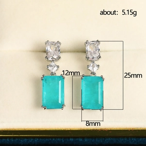 Paraiba blue sapphire rectangular earrings with silver claw setting and zircon accents