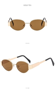 Detailansicht der ovalen Cateye-Sonnenbrille mit Goldrahmen und teefarbenen Gläsern