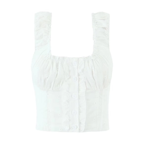 Women Cotton Eyelet Embroidery Tank Top Ruffle Wide Straps Square Neck Button Down Vintage Sweet White Crop Cami
