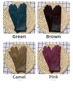 Detail showing four colors of thermal gloves with rhinestone decor in green, brown, and pink