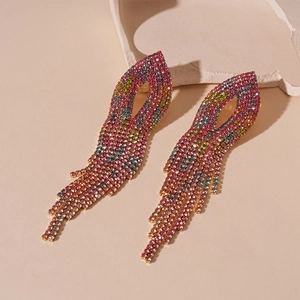 Luxurious rainbow gradient rhinestone fringe drop earrings in elegant long dangle style
