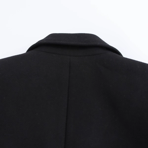 Close-up of the back neckline and wool blend fabric texture on this black coat