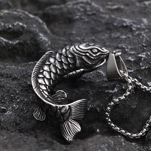 Vintage Stainless Steel Koi Fish Pendant Necklace Men Women Lucky Carp Animal Hip Hop Punk Retro Silver Color Jewelry