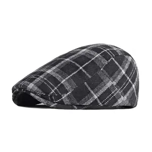 Classic British style wool flat cap with retro black and grey plaid pattern for men and women