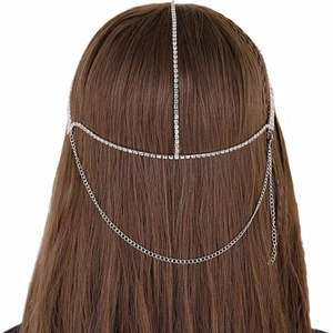 Ethnic style silver layered rhinestone head chain with tassels on brown hair back view