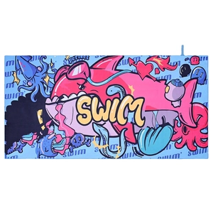 Quick-dry microfiber beach towel with colorful shark graffiti and SWIM text print
