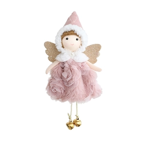 Pink plush Christmas angel doll with glitter wings and bells hanging ornament