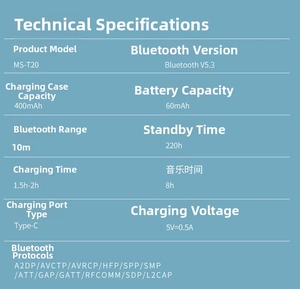 Detailed technical specifications for MS-T20 Bluetooth 5.3 earbuds and charging case