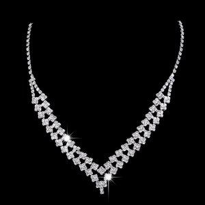 Elegant silver-plated bridal V-shaped necklace and earring set with sparkling crystals