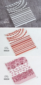Detailed views of floral and romantic lace nail stickers in white and burgundy patterns