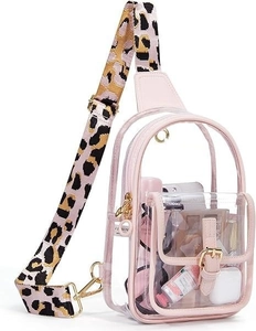 Detail of transparent PVC crossbody bag with pink PU trim and leopard print shoulder strap
