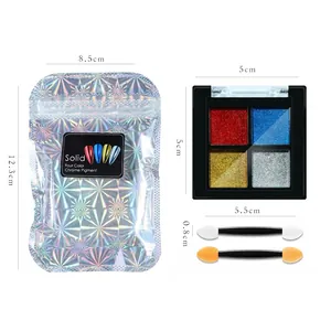 4-color solid aurora nail powder palette with sponge brushes and holographic packaging