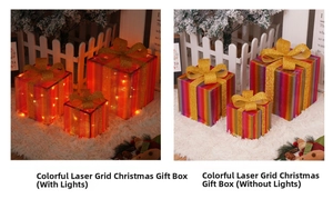 Three-piece laser checkered Christmas gift boxes with LED lights in a cozy home setting