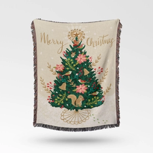 Bohemian Christmas tree woven throw blanket with fringe tassels and Merry Christmas pattern