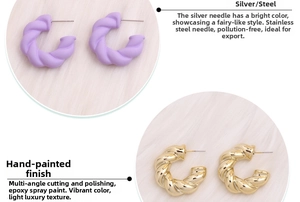 Detail of twisted C-shaped earrings in matte purple and polished gold finishes