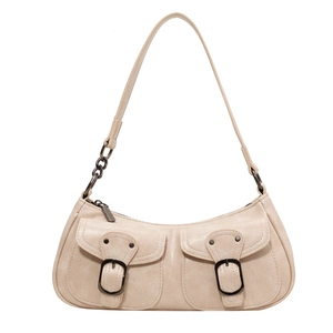 Beige textured PU leather crescent bag with dual front pockets and silver hardware