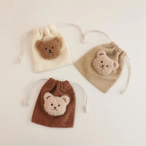Cute Plush Bear Corduroy Drawstring Storage Bag Small Pouch For Earphones Lipstick Coins Korean Ins Style For Kids Girls