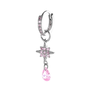 Silver star earring with pink zircon pendant and teardrop gem for women