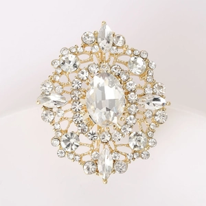Macro shot of oval crystal brooch with intricate gold leaf pattern and rhinestones