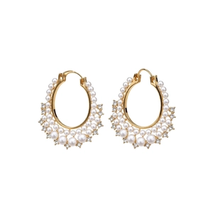 French vintage style gold hoop earrings with white pearls and sparkling rhinestones