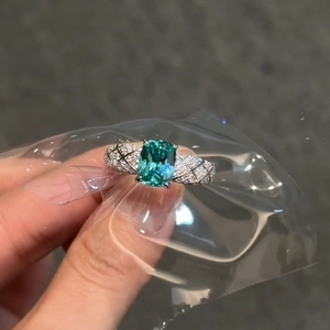 Luxury Emerald Cut Green Zircon Ring Quilted Motif Wide Band Pavé Zirconia Jewelry For Women Adjustable Open Ring