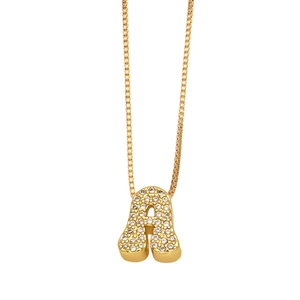 Gold letter A pendant necklace with cubic zirconia pave on a classic box chain