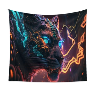 Close-up of cyber leopard tapestry showing neon blue and orange digital print details