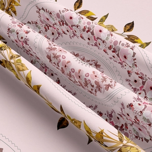 Detailed view of the soft floral tapestry fabric with pink flowers and yellow leaves