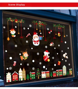 Detailed Christmas window decals featuring Santa, reindeer, and colorful European houses