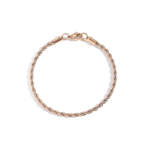 Detail of rose gold stainless steel twisted rope chain bracelet with lobster clasp
