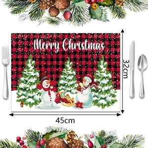 Mantel individual navideño de cuadros rojos y negros con muñeco de nieve y copos