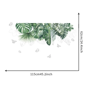 Detailed size chart showing tropical monstera leaf wall sticker at 115cm x 62cm dimensions