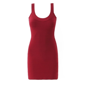 Elegant red knit bodycon mini dress featuring a high-stretch bandage design and sleeveless silhouette