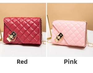 Detail view of quilted chain bags in red and pink featuring golden twist lock buckles