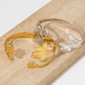 Lotus Flower Open Bangle Stainless Steel Adjustable Floral Cuff Bracelet For Women Elegant Minimalist Jewelry