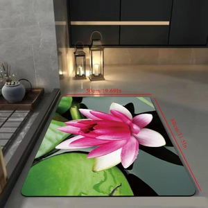 Detail view of pink lotus floral bath mat 50x80cm with dimensions and water absorbent texture