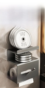 Wall-mounted grey storage rack showing high weight capacity with 5kg barbell plates