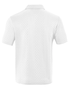 Detail of white Polo shirt showing intricate geometric jacquard knitting texture