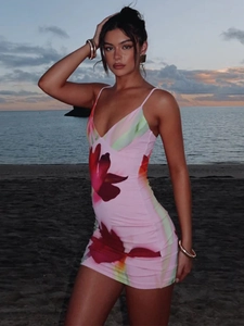 Pink floral print bodycon cami mini dress for women with open back beach design