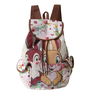 Ethnic style beige canvas backpack featuring cute cartoon rabbit embroidery and drawstring