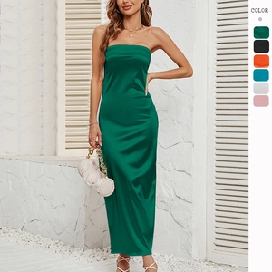 Vestito Lungo In Satine Senza Spalline Da Donna Schiena Scoperta Arricciato Aderente Elegante Tinta Unita Sera Banchetto