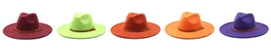 Detail of wide brim wool jazz hats in diverse colors with leather decorative bands