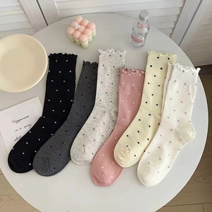 Women's Polka Dot Cotton Blend Mid-tube Socks With Ruffle Lettuce Edge Japanese Style Soft Breathable Slouch Socks