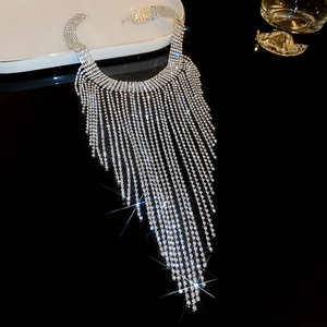 Detailed view of silver rhinestone tassel necklace cascading on a white plate with sparkle