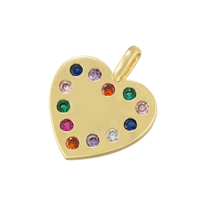 Detailed close-up of a gold heart pendant featuring colorful inlaid micro-gemstones