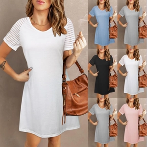 Abito Donna Casual a Maniche Corte Elegante Patchwork a Strisce in Mesh Girocollo Mini Abito Tinta Unita Elegante